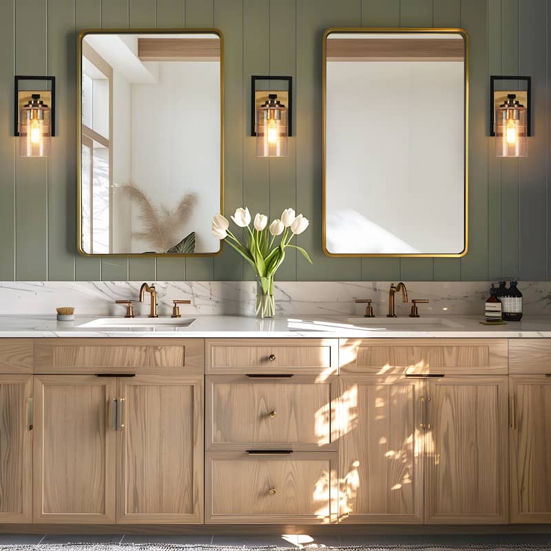 Modern Black Gold 1-Light Mini Bathroom Wall Sconce Seeded Glass Vanity Lights - 5.5" L x 6" W x 10" H