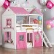 preview thumbnail 10 of 16, Twin Size Bunk Bed Wood House Bed Kids Bed with Elegant Windows Sills and Tent, Blue+White Pink+White