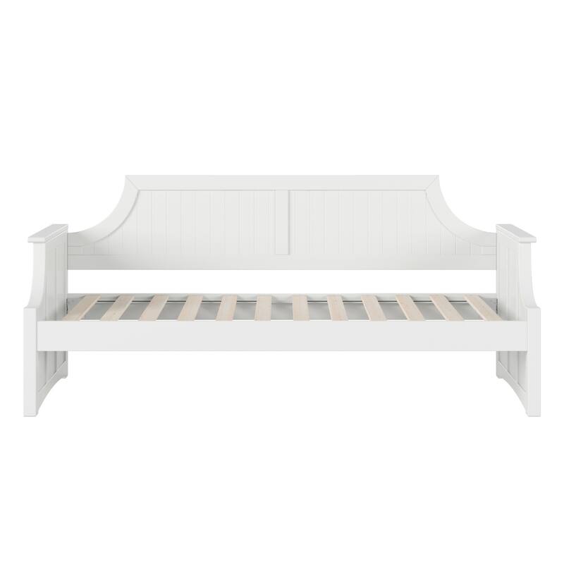 Twin Daybed - White Wood Frame, Curved Back & Beadboard Design - Guest Bed & Relaxation