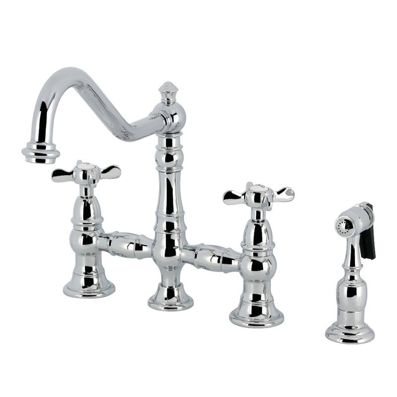 Kingston Brass Essex Two-Handle 4-Hole Deck Mount Bridge Kitchen Faucet with Brass Side Sprayer - Polished Chrome