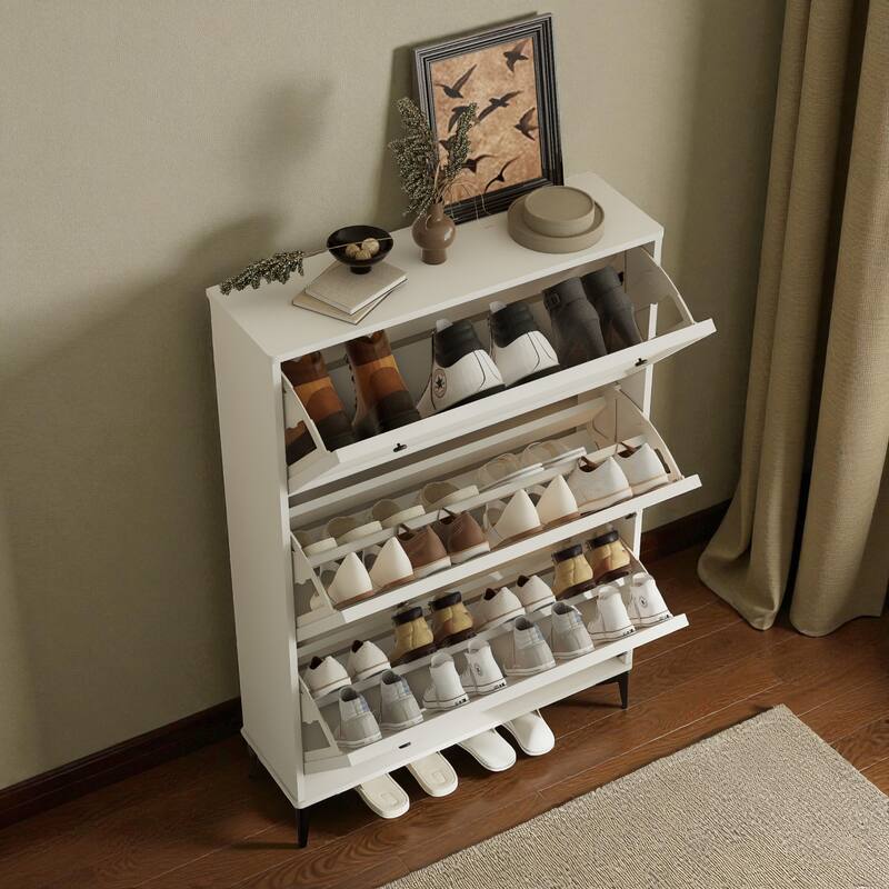 31.5" Modern White Shoe Cabinet with 3 Flip Drawers, Slim Entryway Shoe Storage Organizer with Adjustable Shelves