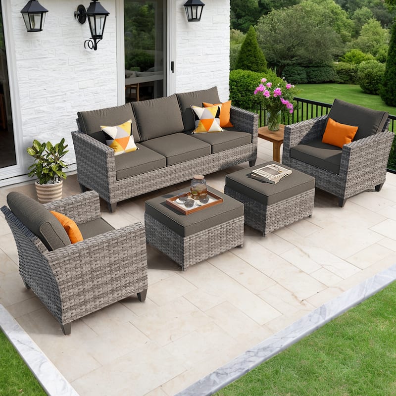 OVIOS 5-Piece Outdoor Wicker Patio Conversation Set - Black