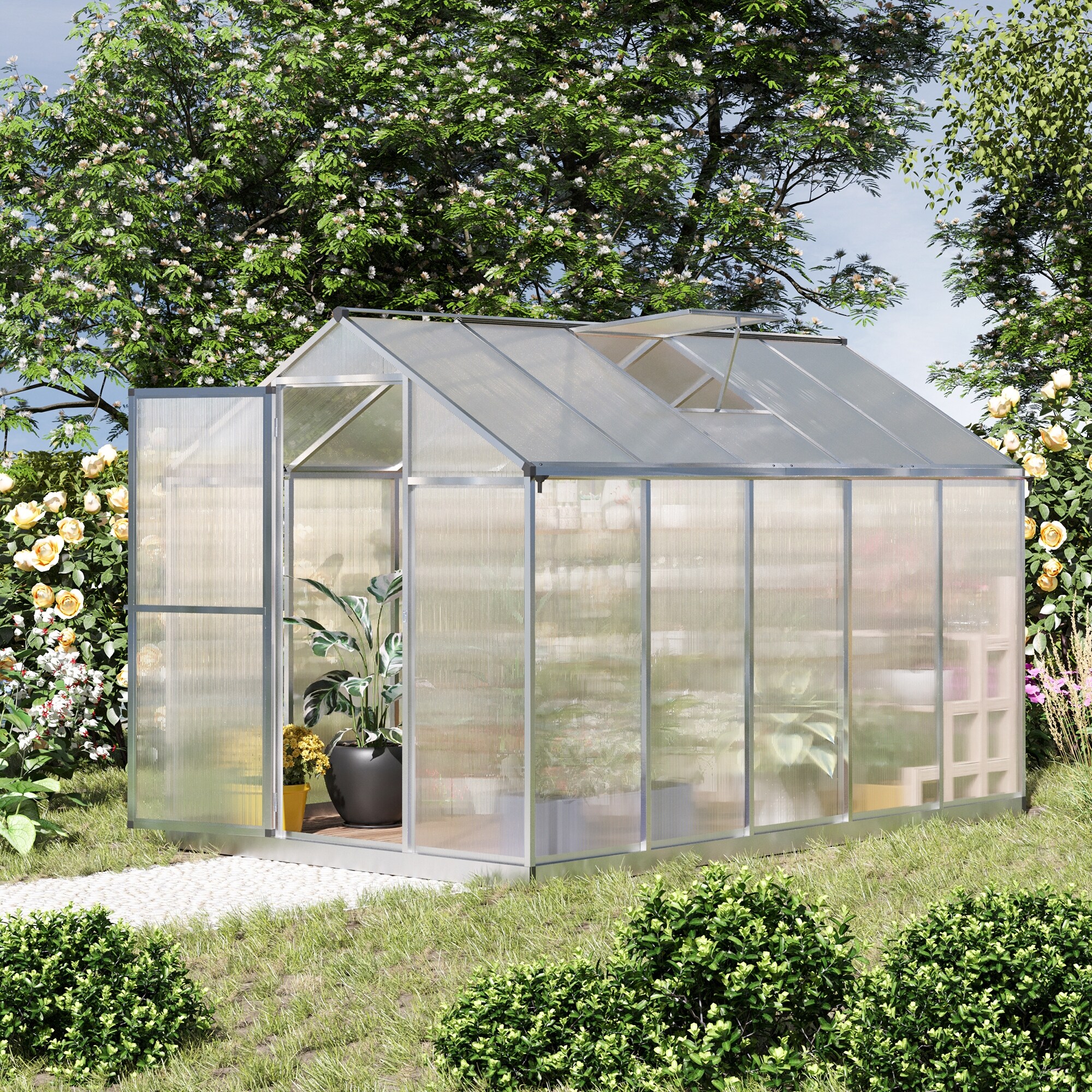 Outsunny 8' x 4' Lean-to Polycarbonate Greenhouse, Walk-in Hobby Green ...