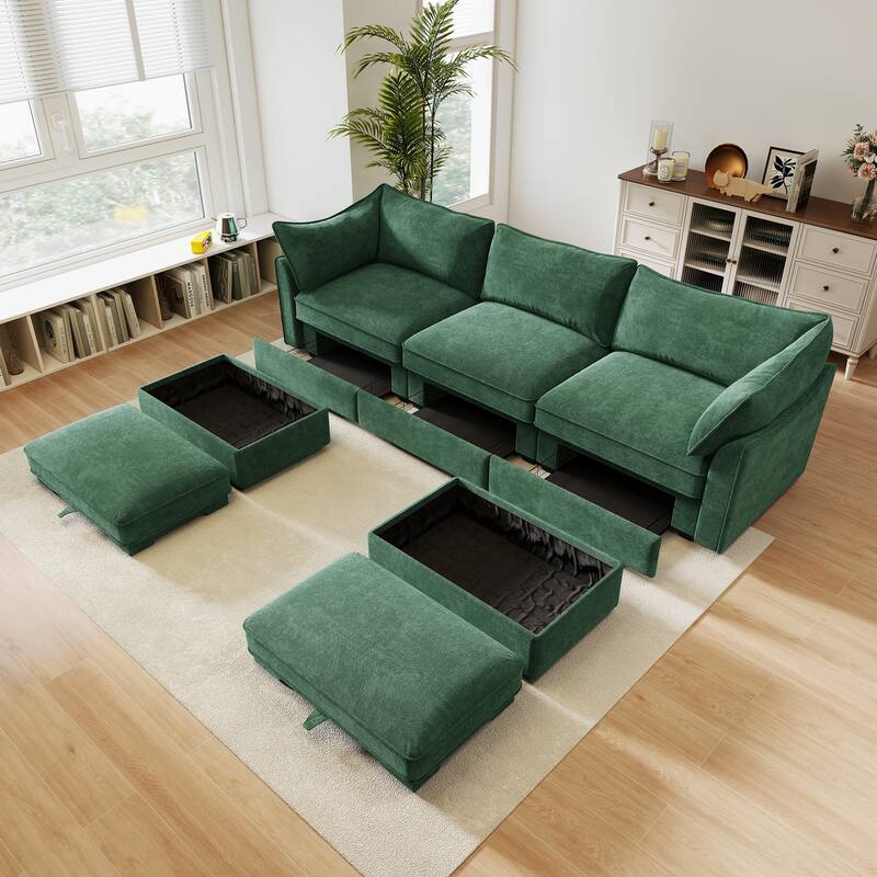 GDFStudio - Chenille U-Shaped 3-Seater 112.6" Modular Sofa with 2 Ottomans - Green