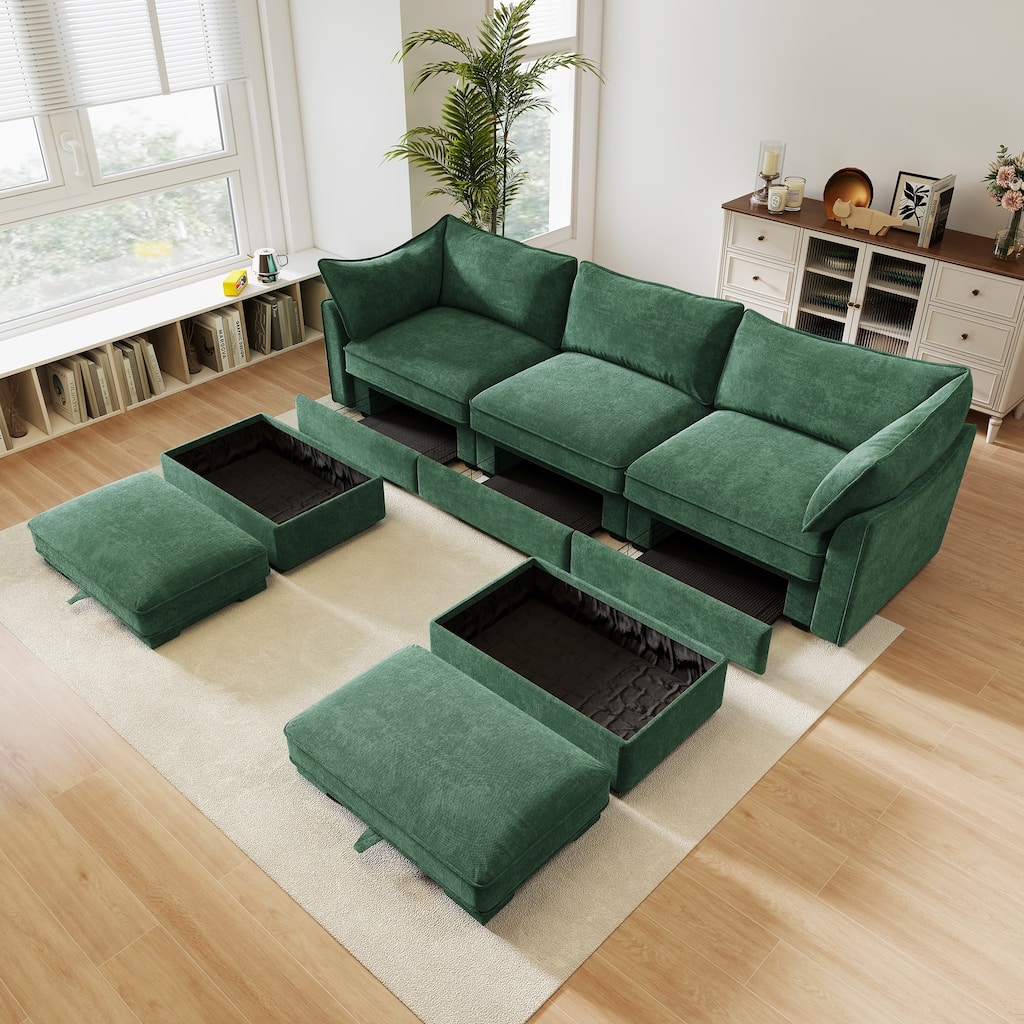 GDFStudio - Chenille U-Shaped 3-Seater 112.6" Modular Sofa with 2 Ottomans