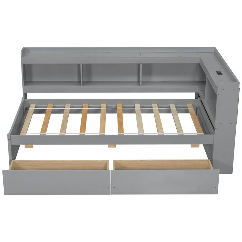 Twin Size Bookcass Bed w/ Power Outlets, USB Ports,2 Drawers,L-shaped