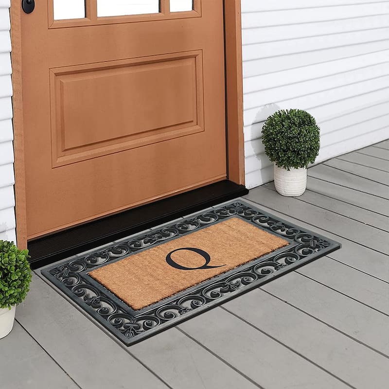 A1HC Rubber and Coir Paisley Border Monogrammed Outdoor Doormat Black, 18"X30"