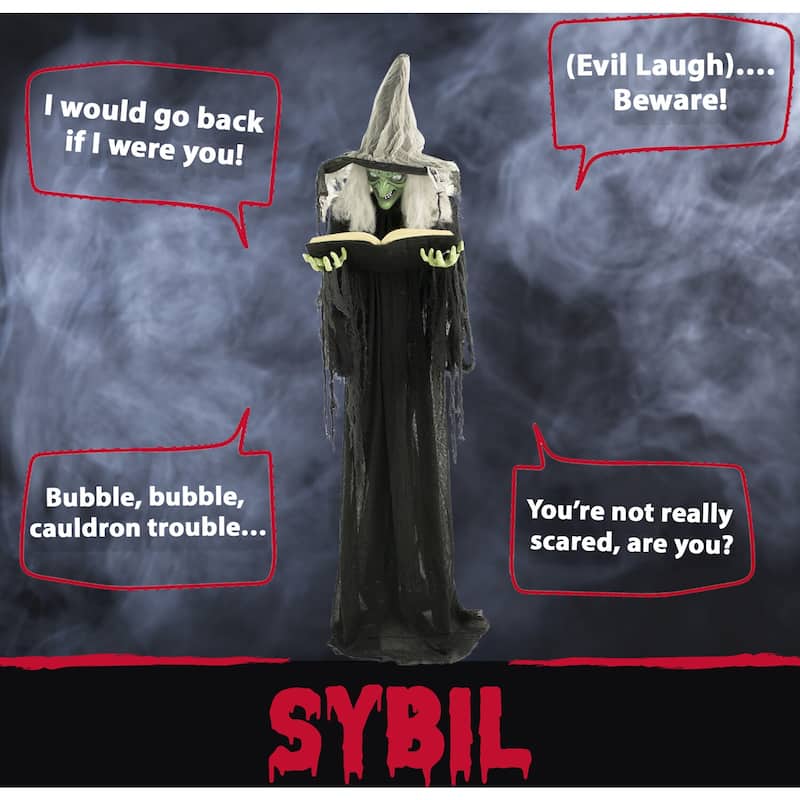 Haunted Hill Farm Life-Size Poseable Witch with Spell Book, Lights and Sound, Indoor/Covered Outdoor Halloween Decoration