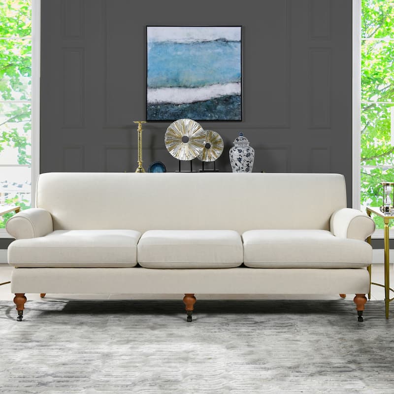 Alana Lawson 88 Inch Living Room Sofa – Three Cushion Couch with Rolled Arms and Tight Back – Minimal Assembly Required - Light Beige Linen