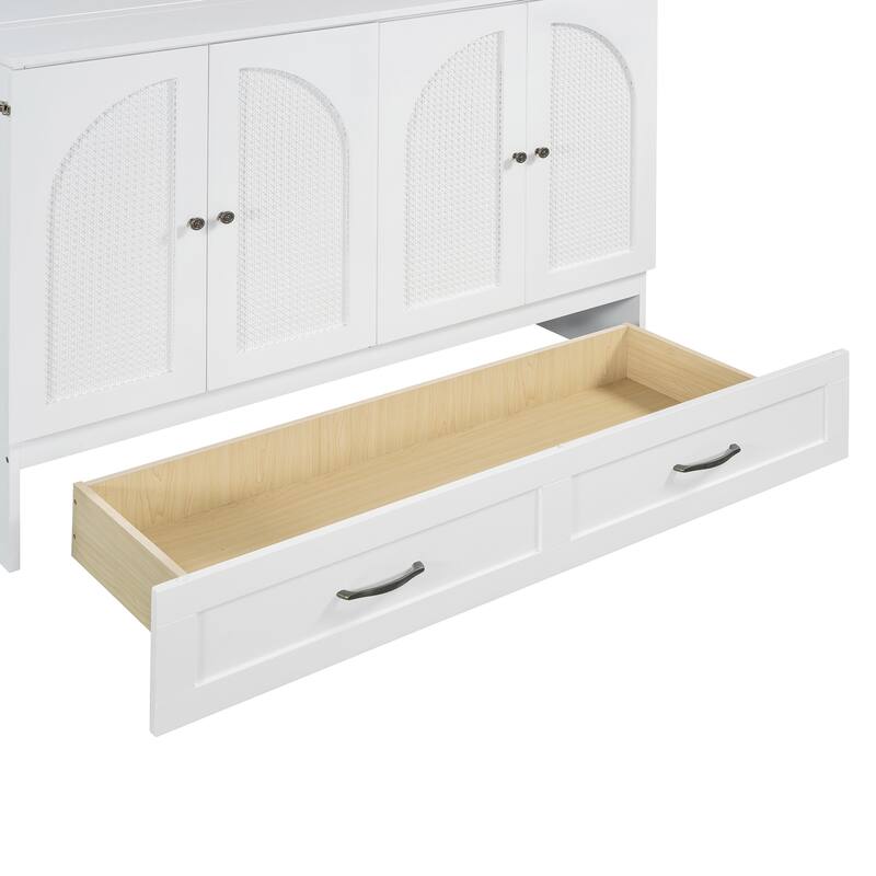 Space-Saving Full Murphy Bed with Drawers & Rattan Finish, Includes USB Port, Perfect for Multifunctional Rooms