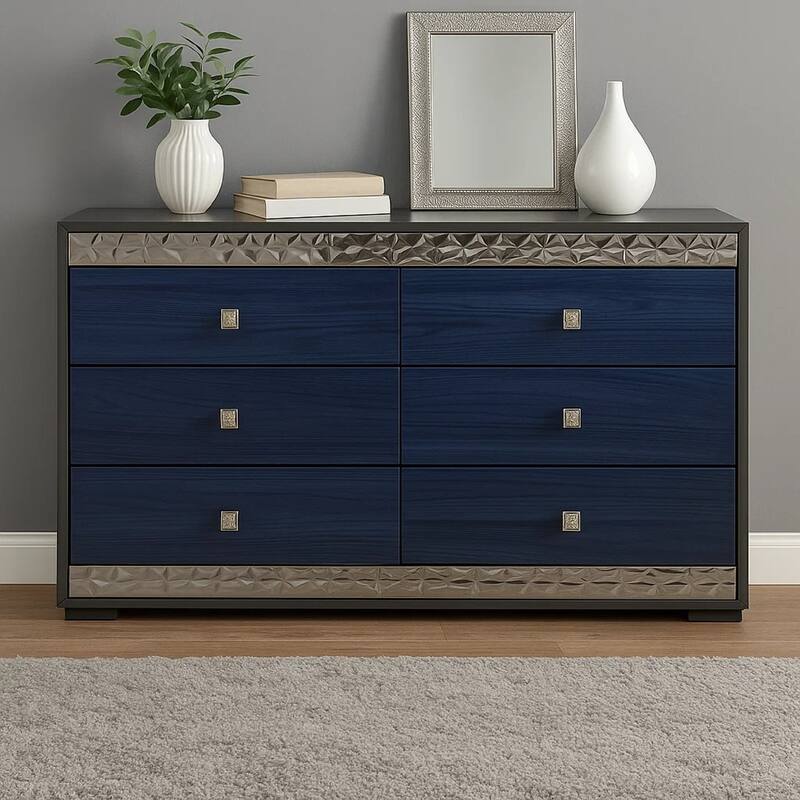 Cote 6 Drawer Dresser, Ash Gray, Indigo Blue Solid Wood, Chrome