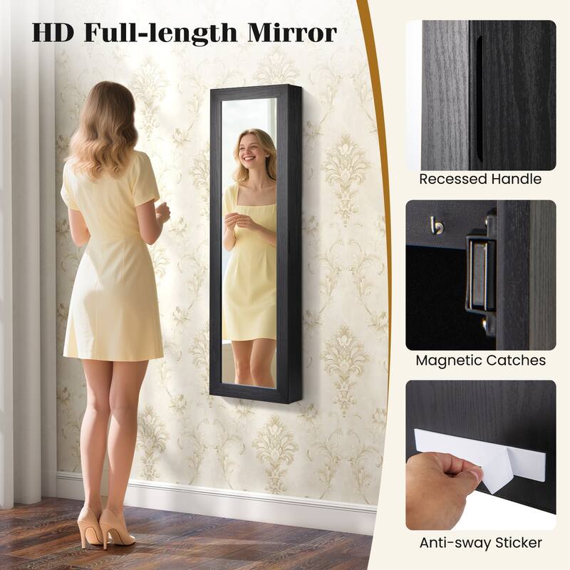 Wall Mounted or Door Hanging Jewelry Cabinet with Full Length Mirror and LED Lights - 12.5" x 3.7" x 42"