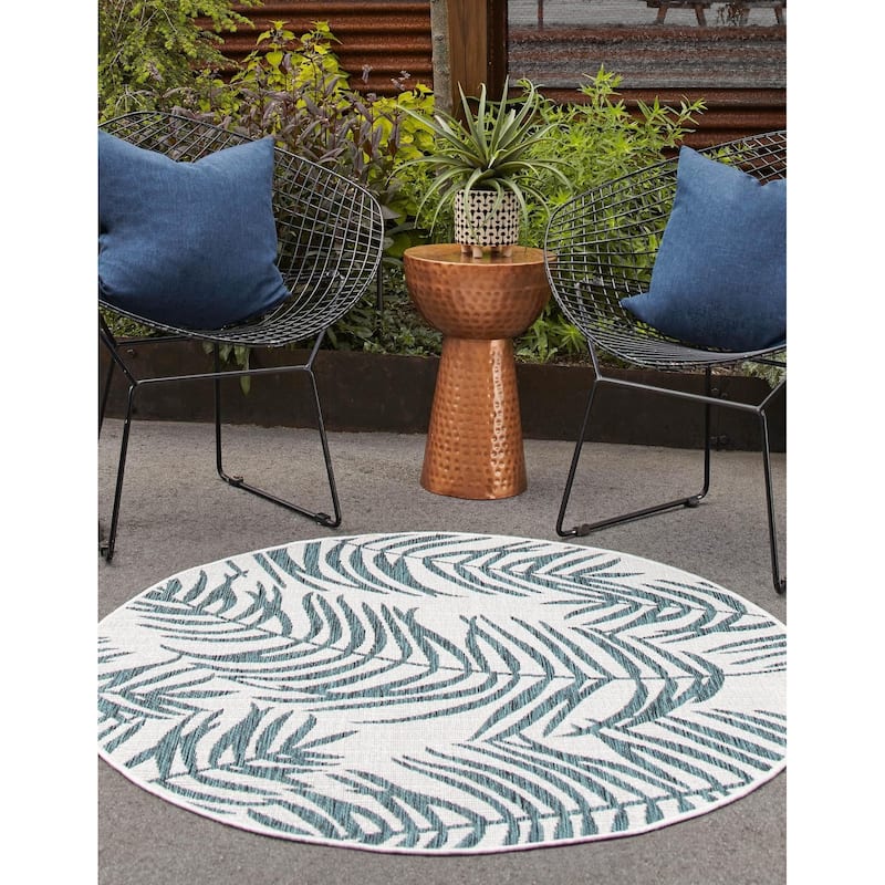 Outdoor Turgh Collection Area Rug - Teal Ivory - 4' Round