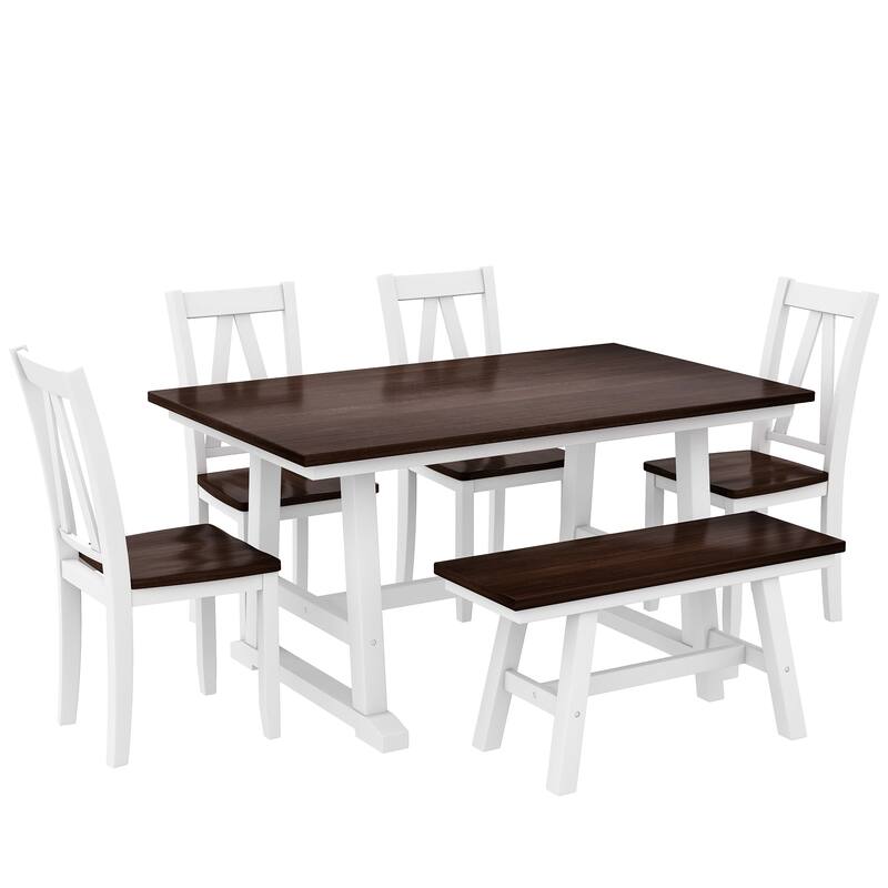 6-Piece Dining Table Set with Sturdy Rubberwood and Multifunctional Chairs and Bench for Family Meals