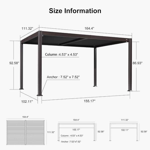 dimension image slide 26 of 36, PURPLE LEAF Outdoor Louvered Pergola with Adjustable Metal Roof for Patio Pergola