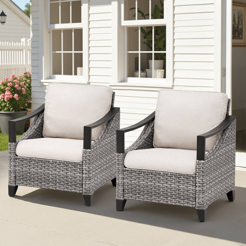 Pocassy Outdoor Wicker Patio Chairs with Cushion Set of 2 - Gray Wicker Beige Cushion - 2-Piece Patio Chair with Thick Cushions