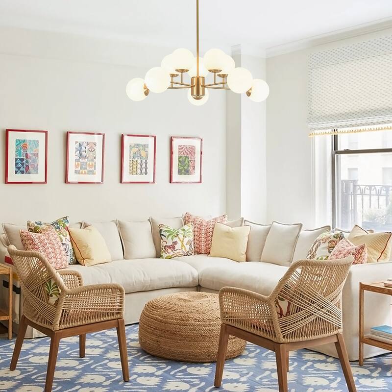 Mid-century 10-Light Sputnik Living Room Frosted Glass Orb Chandelier - 38.0 in