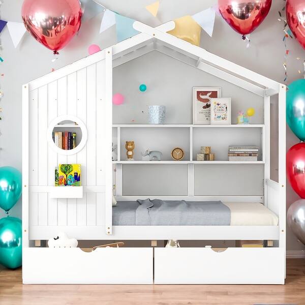 slide 2 of 18, Modern Full Size House Bed Kids Bed with 2 Drawers and Storage Shelf,Solid Construction White