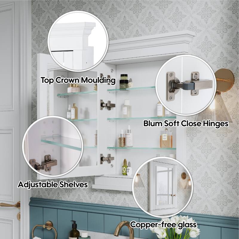 26"W x 32"H Recessed Wall-Mounted Solid Wood Medicine Cabinet with Adjustable Glass Shelves