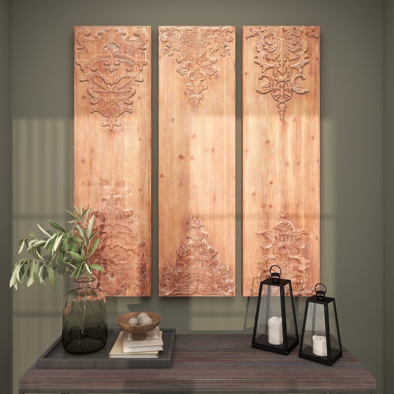 Wood Floral Carved Antefix Wall Decor - Set of 3 Brown - Roche River Decor
