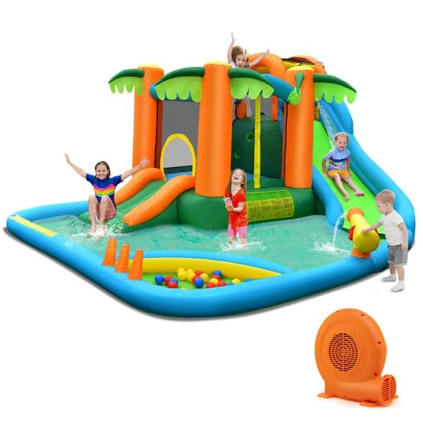 slide 2 of 9, 7-in-1 Inflatable Water Slide Park with Trampoline Climbing and 750W Blower - Multicolor - 169.5" x 148" x 81" (L x W x h)