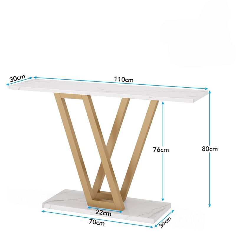 43"Modern Gold Console Table with Faux Marble Top, Narrow Entryway Table with V-Leg Metal Frame, Slim Sofa Table for Hallway