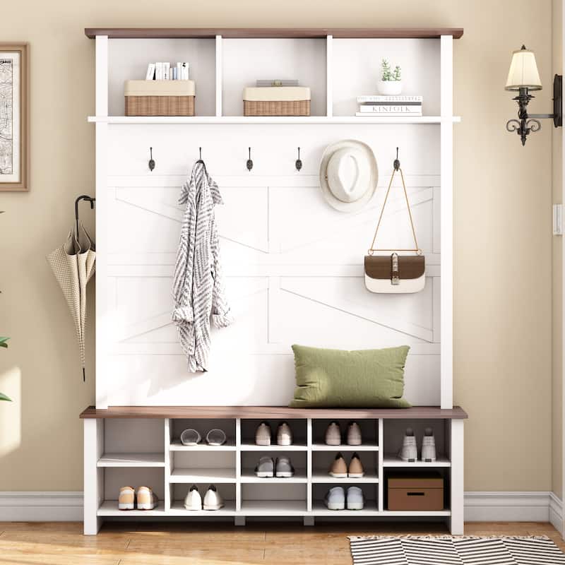 Rustic Farmhouse 4-in-1 Hall Tree with Walnut Entryway Bench by Harper&Bright Designs - White
