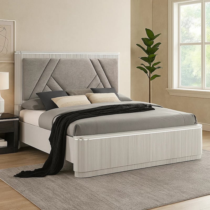 Alda Queen Bed, Upholstered Geometric Headboard, Light Gray Reeded Wood
