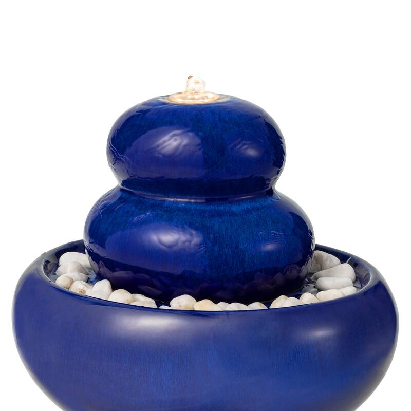 Glitzhome 22"H Zen-Style Cobalt Blue Pebbles Outdoor Ceramic Fountain with Pump and LED Light