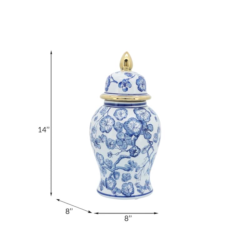 Sagebrook Home 14" Ceramic Temple Jar with Lid Contemporary Vintage Style Blue and White Chinoiserie Floral Design