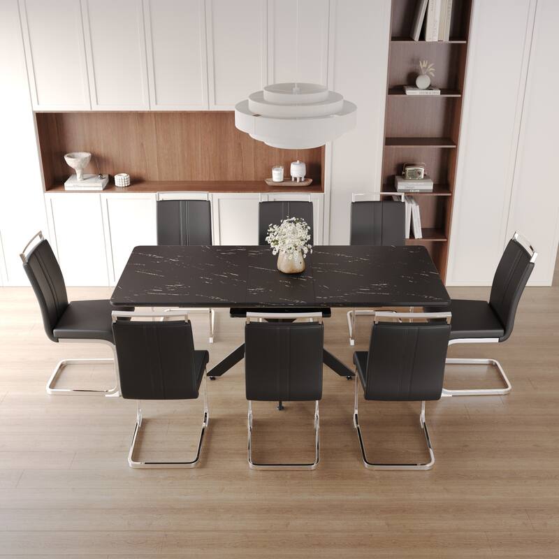 Minimalist Expandable Dining Table Set with 8 Black Leather Dining Chairs for Living Room Dining Room - Black