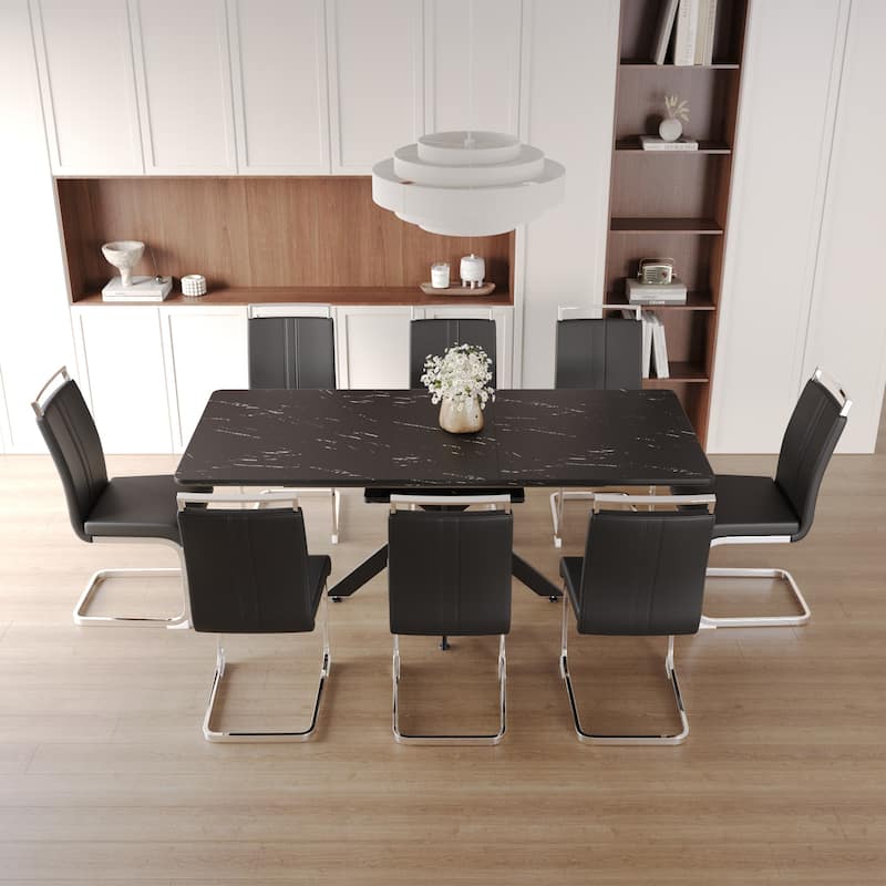 Modern Dining Set with Rectangular Extendable Large Table & C-shaped Tube Soft Padded Armless Chairs