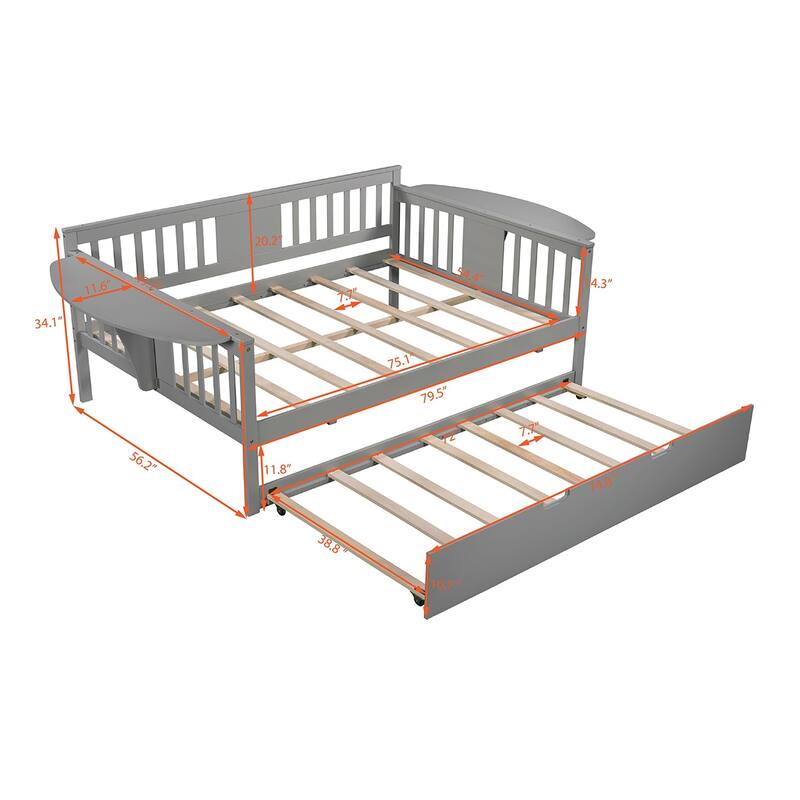 Wooden Daybed with Trundle Bed & Slatted Support, Dual-Use Sturdy Sofa Bed for Bedroom or Living Room