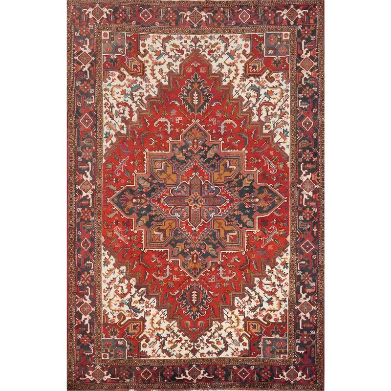 Hand Knotted Oriental 100% Wool Carpet Traditional Medallion Red Heriz Area Rug - 9' 8'' X 7' 3''