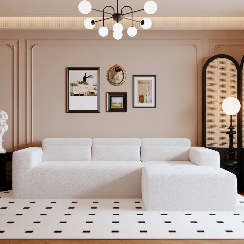 Modern Teddy Fabric L-Shaped Sectional Sofa 3-Seater Sofa Couch with Chaise and Pillows for Living Room Apartment - White