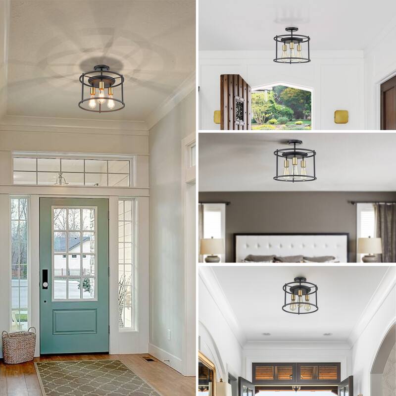 3-Light Black and Gold Drum Cage Semi Flush Mount Light