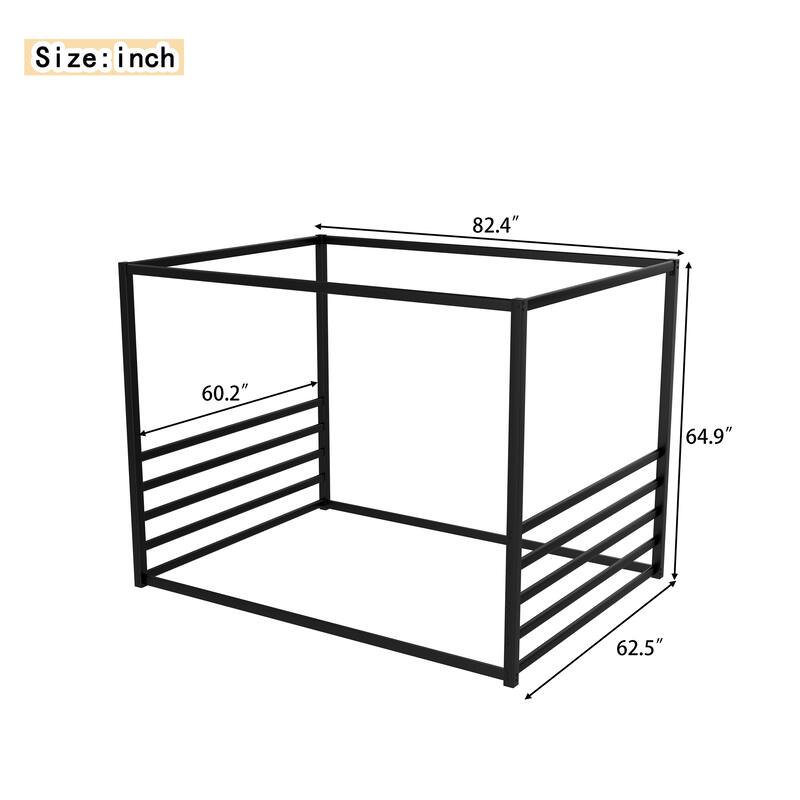 Queen Size Modern Floor Bed Frame with Canopy Structure and Full Guardrails, Low-Profile Metal Platform Bed