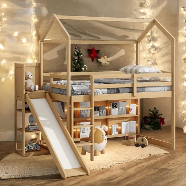 slide 2 of 16, Twin Size Wood House Loft bed with Slide, Storage shelves and Light,Multifunctional Storage 3 Beds in 1 with Light Wood