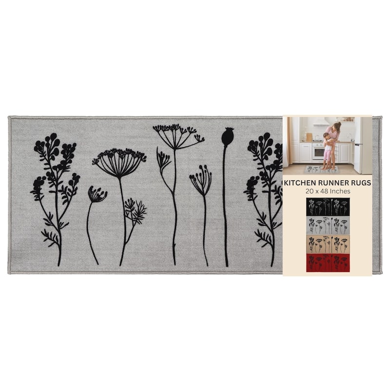Wool Effect Wildflowers Kitchen Mat or Runner Rug - Runner Mat 48"L x 20"W - Gray/Black