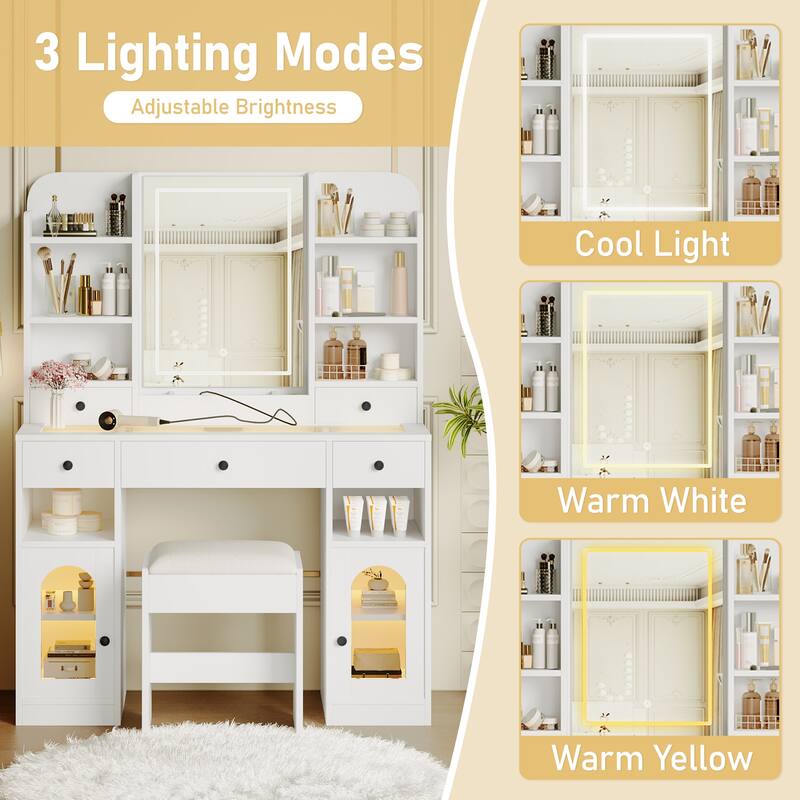 43.2" Vanity Desk with LED Mirror and Lights, Dressing Table with 5 Drawers ,Storage Shelves and Stool for Bedroom, White