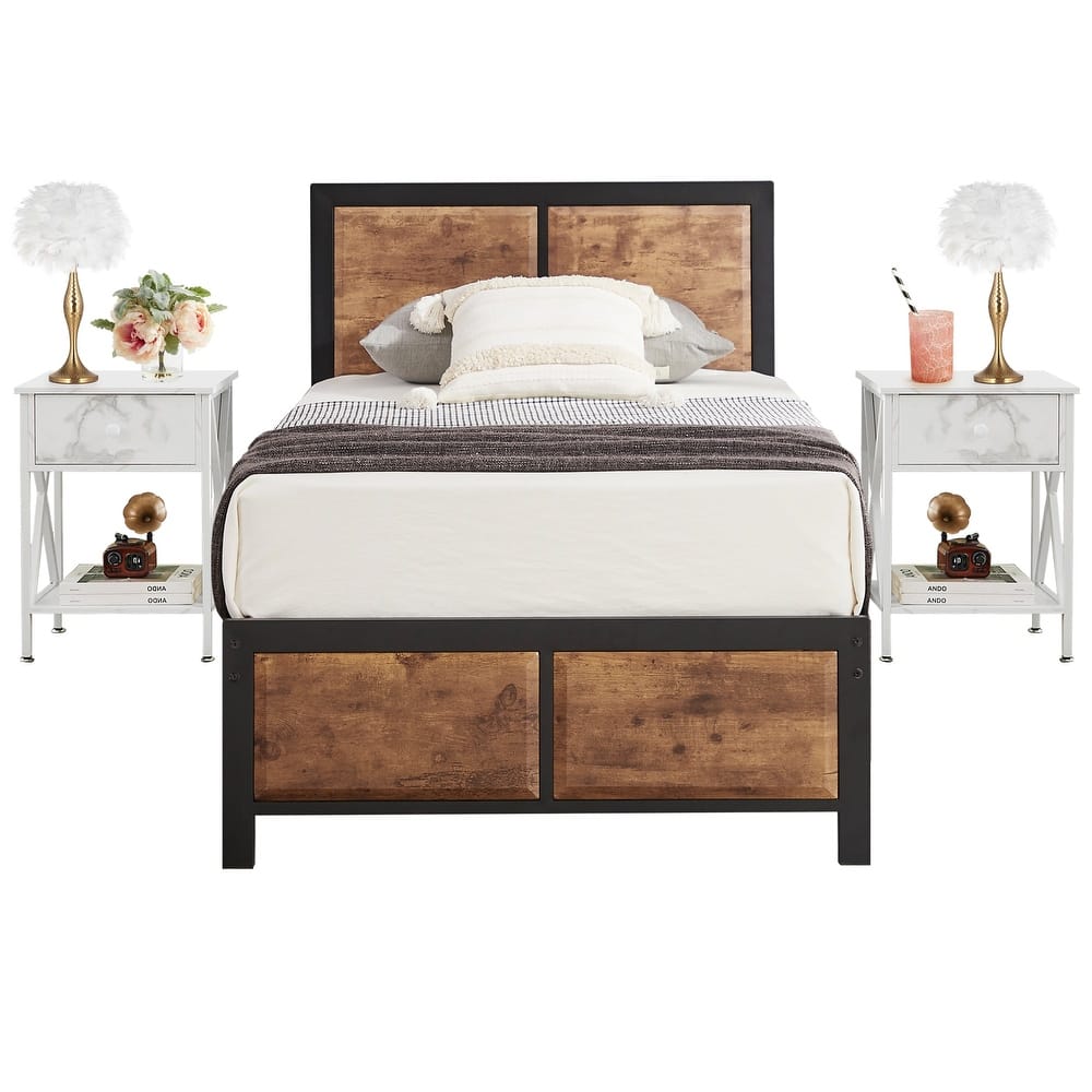 VECELO 3-Pieces Bedroom Sets, Platform Bed with Headboard and Set of 2 Nightstands