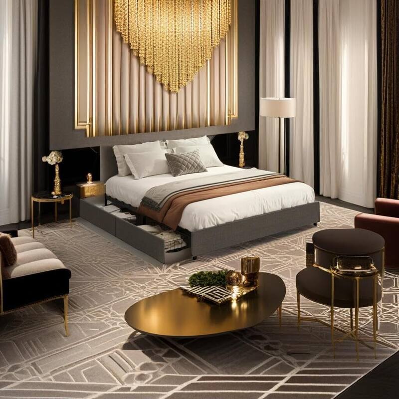 Platform Bed Frame, Fabric Upholstered with 4 Storage Drawers