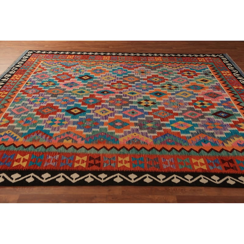 Geometric Kilim Oriental Area Rug Multi-Color Hand-Woven Wool Carpet - 8'3"x 9'10"