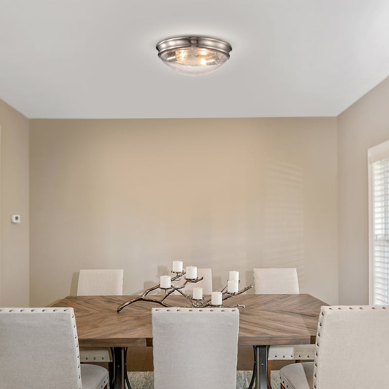 Brushed Nickel 13 in. 2-Light Modern Flush Mount with Seeded Glass Shade - Brushed Nickel
