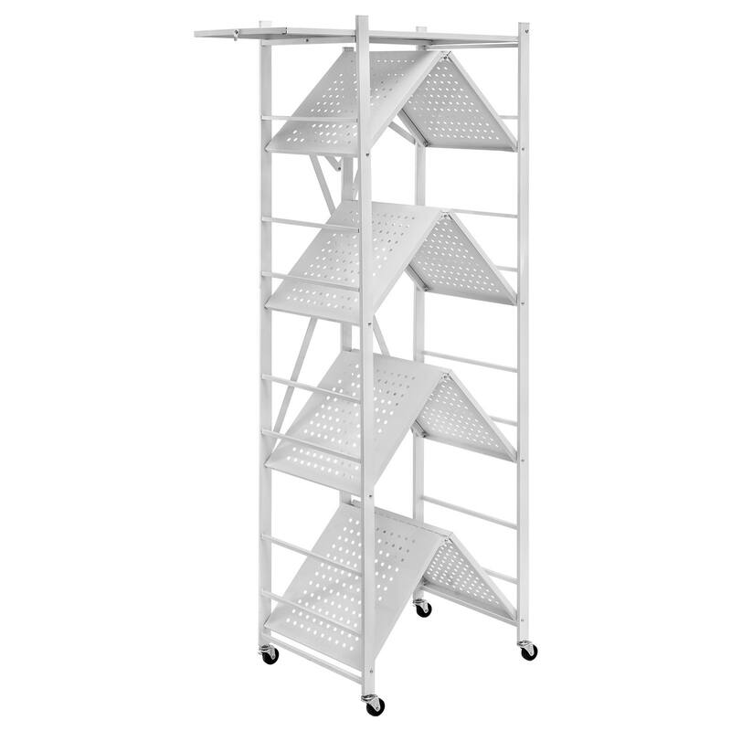 White Carbon Steel Folding Garage Storage Shelf with 5 Swivel Wheels and J-Hooks - 15 x 28 x 64 in