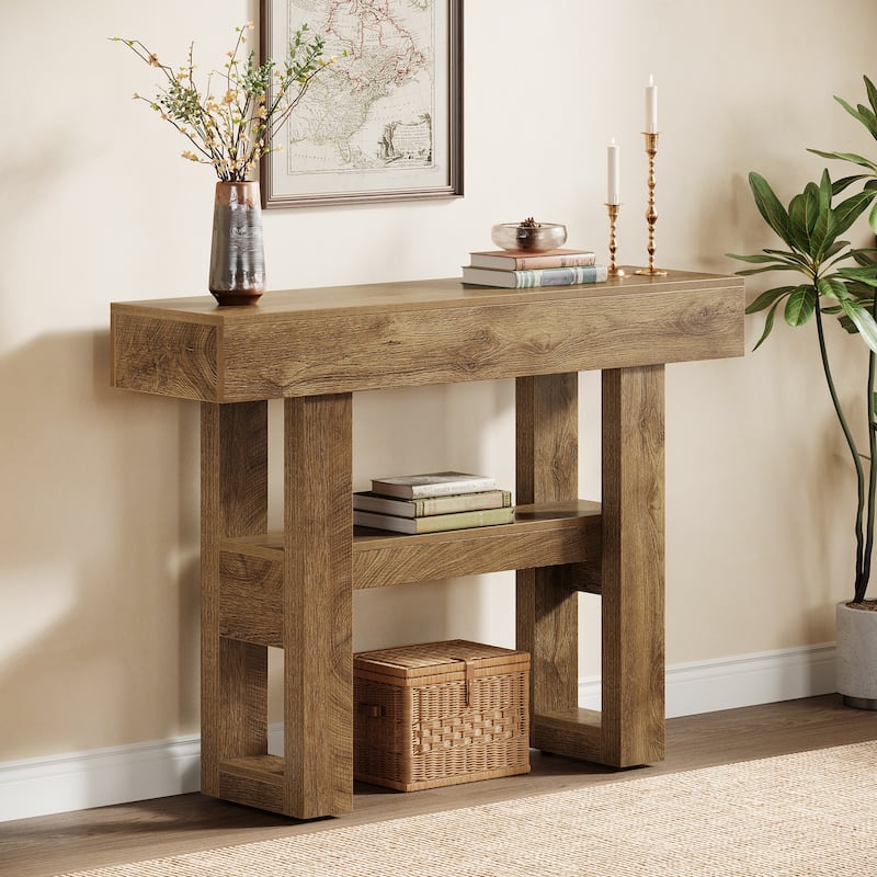 41.34-Inch Farmhouse Console Table, 2-Tier Narrow Sofa Table - 41.34" W x 11.81" D x 31.5" H - Taupe