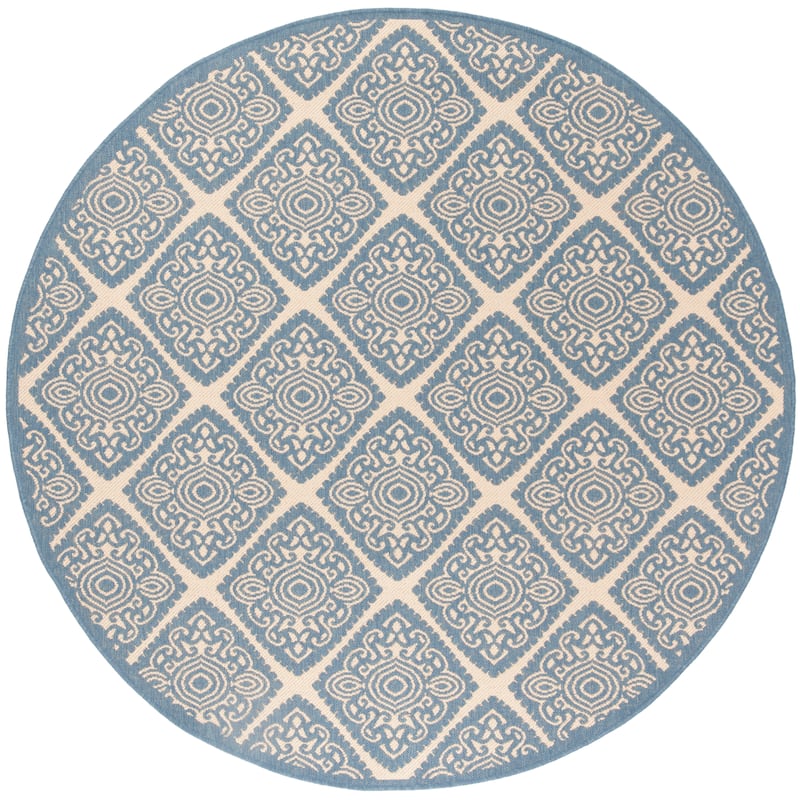 SAFAVIEH Beach House Phyllis Indoor/ Outdoor Waterproof Patio Backyard Rug - 6'7" Round - Cream/Blue