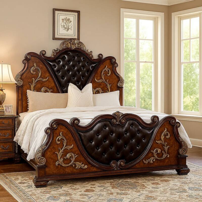 Iliana Queen Bed, Dark Cherry Brown, Black Faux Leather, Gold Carvings