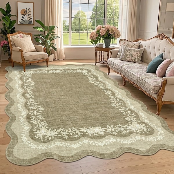 Garvee Scalloped Edge Area Rug Floral Bordered Rug Indoor Non Slip Low Pile Soft Carpet Soft Foldable Accent Rug