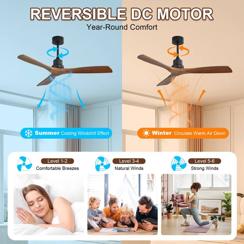 Sofucor 48/52 Inch Ceiling Fan with Light, Solid Wood Blades for Living Room, Bedroom,Smart Optional